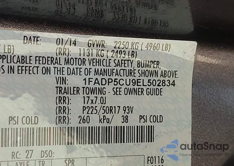 2014 Ford C-Max Energi Sel z USA, uszkodzony, nr VIN 1FADP5CU9EL502834